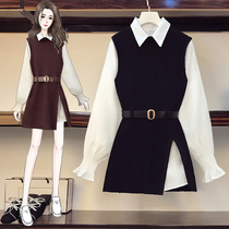 Large size womens clothing in the early spring of 2021 new shirt knitted vest vest skirt fat wear thin two-piece suit