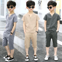 Boys suit 2020 new summer childrens short-sleeved shorts medium and large boys imitation cotton and linen T-shirt two-piece set tide