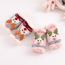 Christmas gloves female half plus velvet warm cute Korean student wool cartoon thick cotton finger winter Christmas