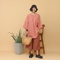 Harajuku wind linen plaid elastic neckline wide sleeve big blouse T-shirt small grid Vientiane