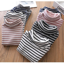 Double plus velvet padded T-shirt childrens clothing 2021 autumn and winter girls baby stripes warm high collar childrens base shirt