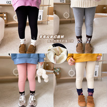 Girl gush pure color beating bottom pants 21 Winter Korean version Childrens baby girl smiling face embroidered wool pull rack warm child pants
