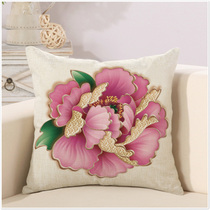 Chinese style peony blossom blossom Fugui hand-painted cotton linen pillow case Square sofa cushion car waist pillow linen pillow