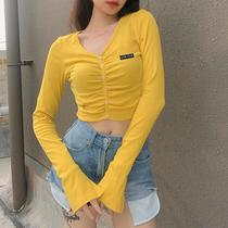 H home base solid color embroidery letter V collar button T-shirt female hand long split long sleeve tight short top bottom