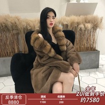  2021 new imported fur velvet mink coat female whole mink mid-length sable collar mink fur coat