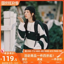 PSO Brand 19AW5 Winter Harbor wind green and white stripes splicing pullover loose round neck couple sweater men