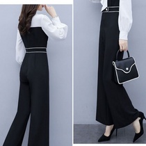 2019 early autumn new temperament high waist thin fashion trousers jumpsuit black wide leg jumpsuit suit female