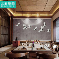 Chinese antique calligraphy old crane Zen wallpaper painting sofa front desk meeting guest Tea Room restaurant whole wall cloth