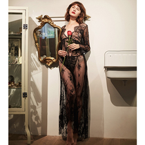 Ultra-long mopping lace hollow nightdress extremely seductive sexy ultra-thin long-sleeved transparent deep V-neck dress for women