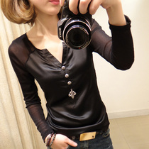 Korea Tide brand 2021 autumn womens new sexy V-neck T-shirt long sleeve slim slim mesh base shirt top