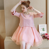 Spring and autumn New pregnant women lace dress stitching gauze dress maternity dress dress New year dress pregnancy fashion