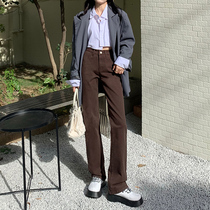 High-waisted straight jeans womens spring and autumn stretch thin small man loose 2021 New European and American brown pants