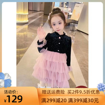 Girls winter dress 2022 new childrens fleece princess dress cake gauze skirt foreign style girl skirt winter dress