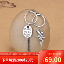 Pure silver 925 retro hip hop trendy personality 100 hitch a small crowd design male and female angels square ear nail sleeve chain