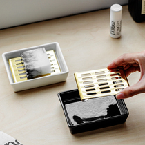 Golden light luxury stainless steel drain ceramic soap box ins Wind non-perforated double soap box soap holder