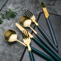 Stainless steel mesh red steak knife and fork spoon three-piece steak Western tableware full set Golden Household high-grade ins style