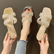 Slippers women Xia Fashion outside wearing fairy Wind 2022 New French style Water drill coarse heel lined with Roman sandals