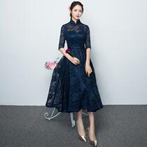 Evening dress long 2020 new summer mid-sleeve collar dress female banquet Chinese modified cheongsam dress