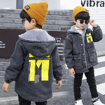Boy Clothing Boy Coat Autumn Winter Clothing 2022 New CUHK Boy Jacket Boy Denim Plus Suede Hat Jacket 100 Lap