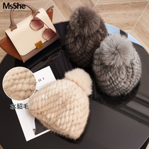 MsShe female winter light luxury Lady Fashionable temperament fox hair ball knitting real mink hair hat