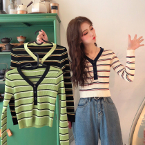 2022 fall new early autumn short streaks striped knit cardiovert blouse with high waist pants slim fit long sleeves slim fit