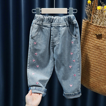 Girls jeans 2022 Spring paragraph foreign air Han version loose minimalist casual 100 hitch baby straight cylinder pants