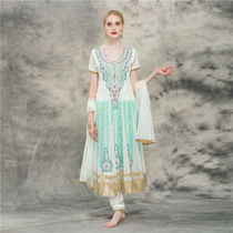 Indian dance practice suit Performance suit Collision Color Next to Anna National Wind Network yarn Grand Pendulum Skirt Short Sleeve Suit Green