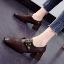 Small leather shoes womens British style spring 2020 new medium-heel thick-heeled womens shoes all-match leather square head lace-up single shoes