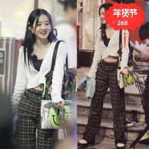 Zhao Liying's star has the same plaid straight pants female spring and autumn new grid red high waist loose plastic pants female tide in