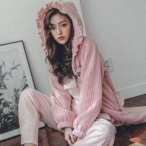 Lin Meng family moon clothes plus velvet three-piece postpartum lactation clothes autumn and winter maternal pajamas feeding pregnant women home clothes