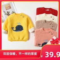 Boys sweater pullover plus velvet thick girls foreign style childrens childrens baby knitted bottoming shirt baby bottoming