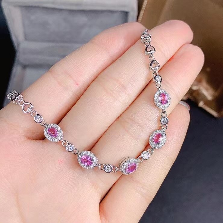 925 Sterling Silver Platinum-Plated Natural Unheated Pink Sapphire Bracelet, Exquisite and Fashionable Women's Pink Gemstone Bracelet