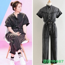 Star with the same clothes wifes romantic trip Sing-yi shaking sound black denim jumpsuit female high waist loose