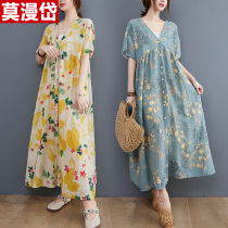 Broken Flowers Cotton Linen Dress in dress Small crowddesign Large-size women dress 2022 New summer Leisure loose Conspicanthin Dresses