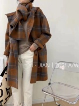 Retro Plaid double-sided cashmere coat womens medium length 2021 New with scarf loose wool coat