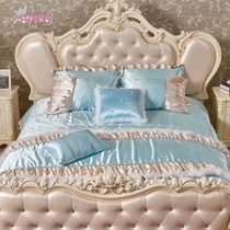 Villa exhibition hall Prototype Inter-style beds European-style French style bed with real silk Multipiece set of bed goods for small days Blue