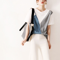 Japanese womens clothing summer different material stitching chic fake two piece stitching design small loose cotton Teet shirt