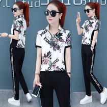 Tide brand CVY2021 printed short-sleeved trousers sports suit womens summer casual stand-up walking suit two-piece set