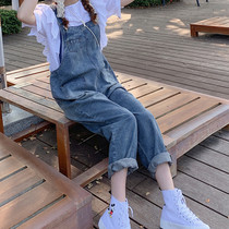 Large size fat mm denim bib pants womens 2021 spring and autumn new student age reduction loose straight nine-point suspenders tide