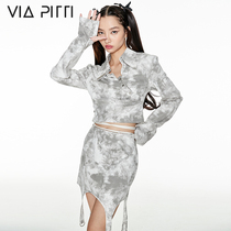 viapitti Spice Girls Tie-Dye Suit Fashion Fried Street Women's Design Sense Irregular Long Sleeve T-Shirt Skirt 2-Piece Set