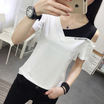 2020 summer new sexy fashion V-neck stitching short-sleeved T-shirt womens clothing Korean edition pure cotton half-sleeve t-shirt tide