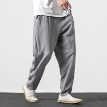 Chinese mens cotton hemp Haren pants loose solid color Breathable linen casual pants blouse bloomers fat fat