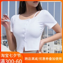 Seven leaves Short Dew Navel Yoga clothing Shoulder Sports Short Sleeves With Cotton Speed Dry Fitness Blouse Irregular Running T-shirt
