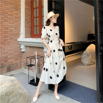 Waist Chiffon vneck long skirt 2021 summer new sweet tea break French temperament doll collar polo dress women