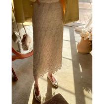 FANGIRLS Korean goods water-soluble LACE WHITE mid-length autumn and winter hollow hook flower elastic waist SKIRT