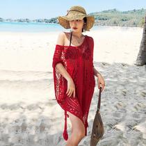 Summer bat sleeve knitted openwork blouse womens solid color sexy medium-long thin beach skirt 7000