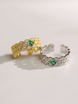 Literary retro Fan exquisite hollow micro-inlaid dark green square diamond ring S925 sterling silver lace ring female