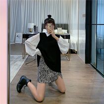 Leaky back blouses suit Ruback knit Machia lantern sleeves shirt open fork zebra half body dress with three sets of women