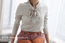 High-end custom imported mercerized cotton bow super temperament OL knitted sweater bottoming shirt