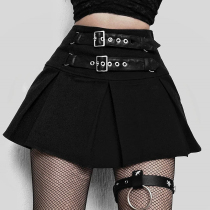 H home Europe and America Street dark high waist leather buckle pleated skirt thin short academic style A- line dress temperament skirt women
